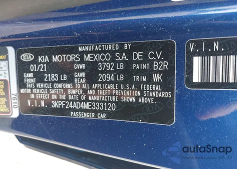 2021 Kia Forte Lxs z USA, uszkodzony, nr VIN 3KPF24AD4ME333120